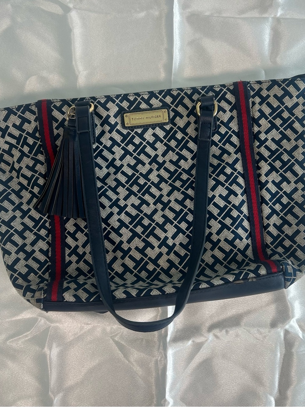 Tommy Hilfiger Navy and Red Patterned Tote with Tassel